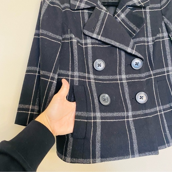 Banana Republic Plaid Black Pea Coat Wool Blend Size XS Preppy Academia Business - Picture 6 of 13